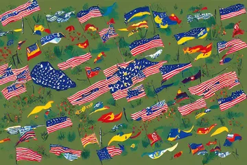 Multiple military flags and vehicles gathered in a desert setting representing a coalition.