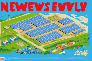 Modern industrial facility with solar panels and clean energy infrastructure under clear blue skies.