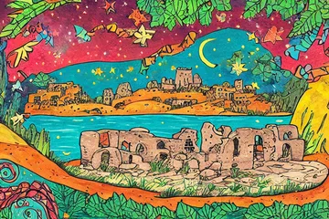 A night scene showing ancient stone ruins under a clear starry sky, with silhouettes of people exploring the site.