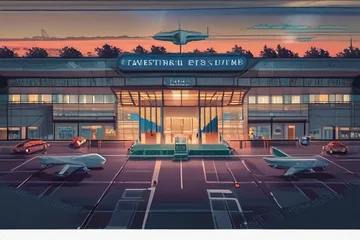 Modern airport terminal at dusk with aircraft taxiing near control tower